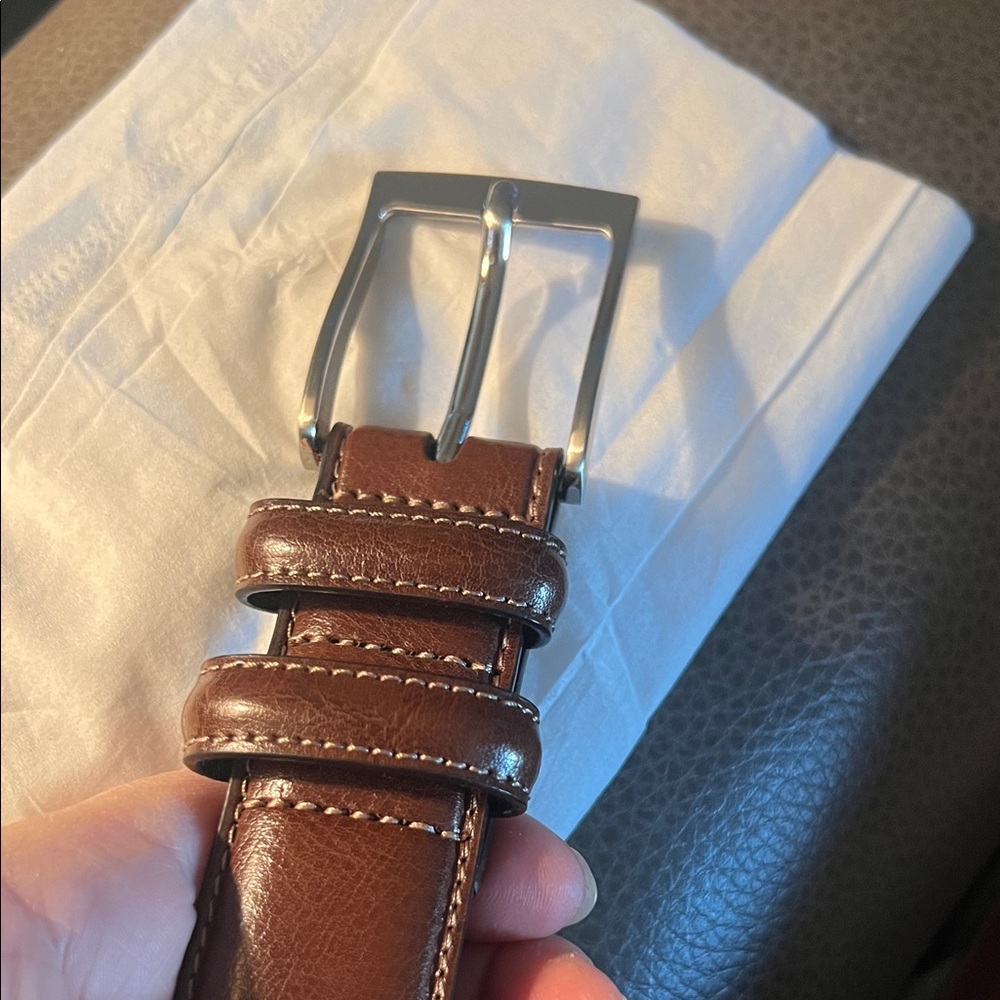 Stafford Essentials Belt Brown with a silver buckle. 32”